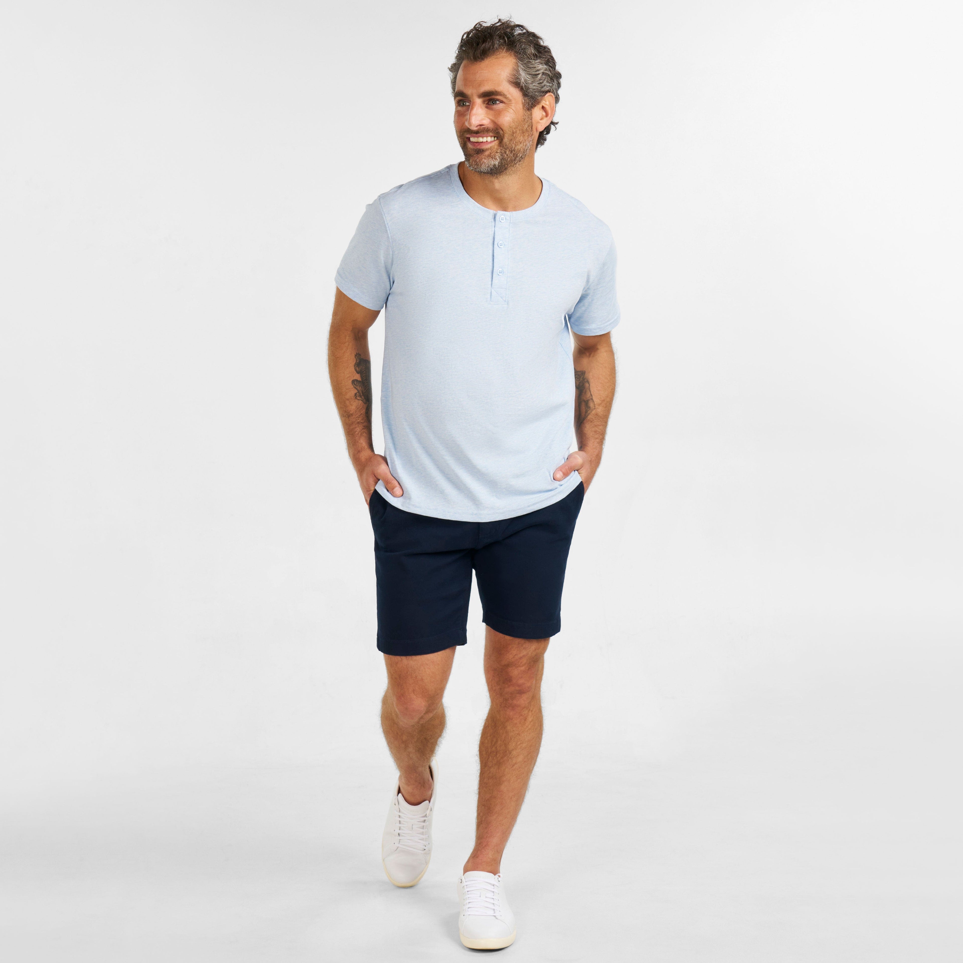 Pale Blue Melange Short-Sleeve Henley